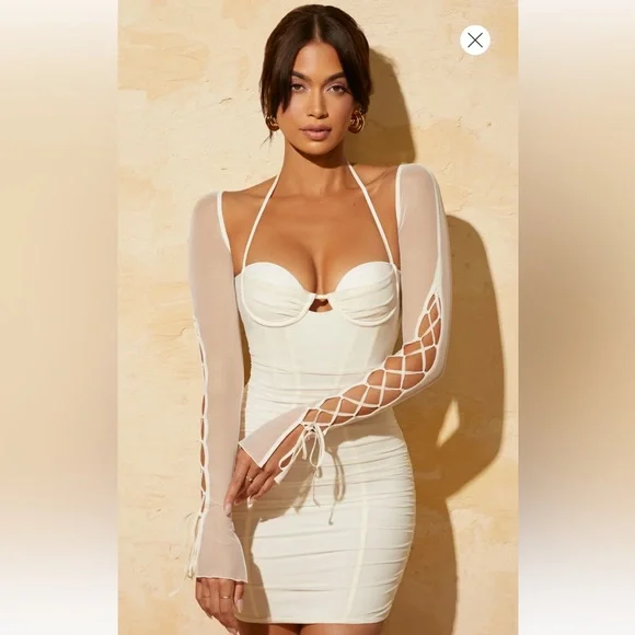 Oh Polly Dresses Lace Up Sleeve Mini Dress In White From Oh